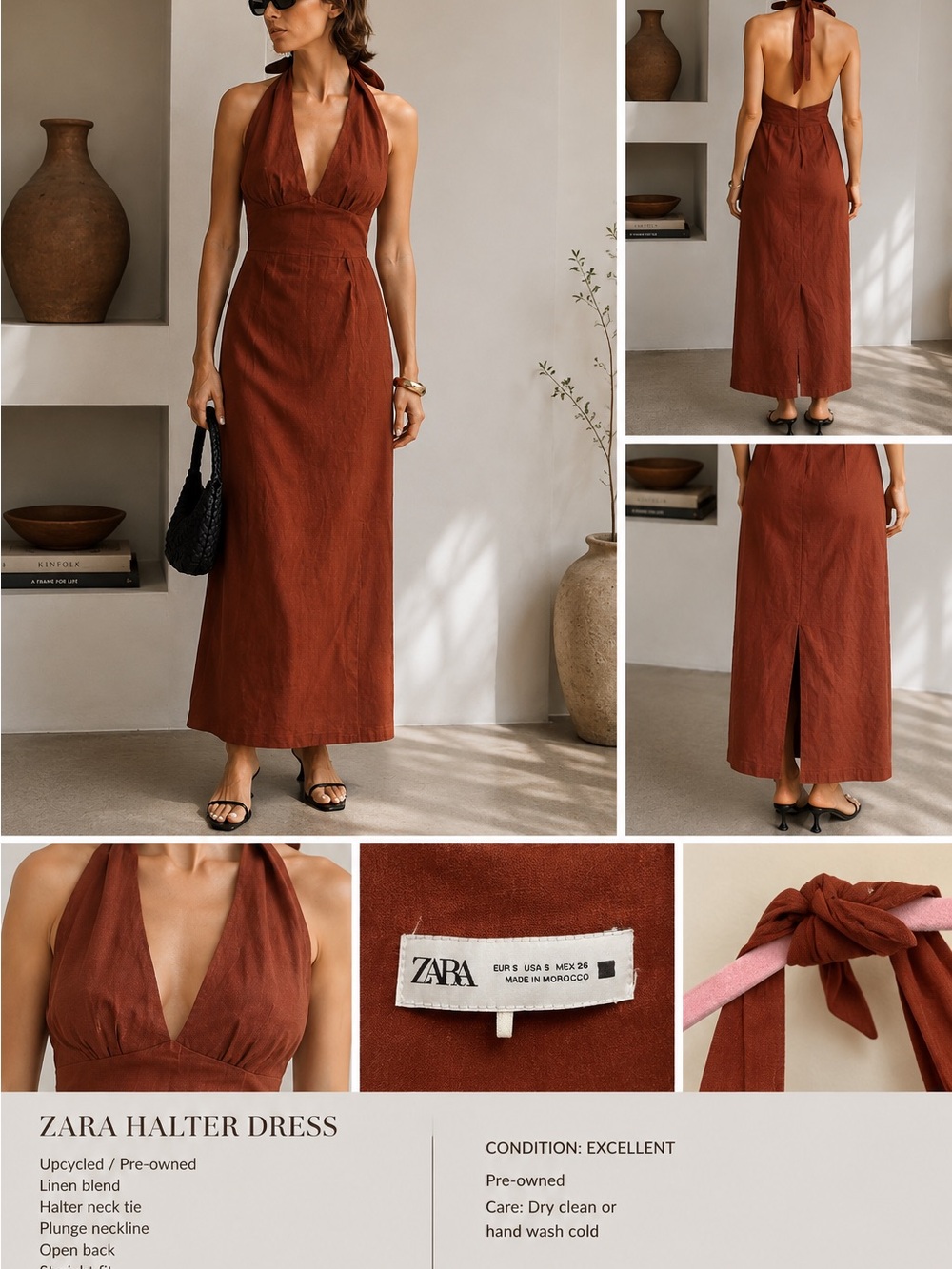 Zara Rust Linen Blend Halter Maxi Dress Open Back Size S